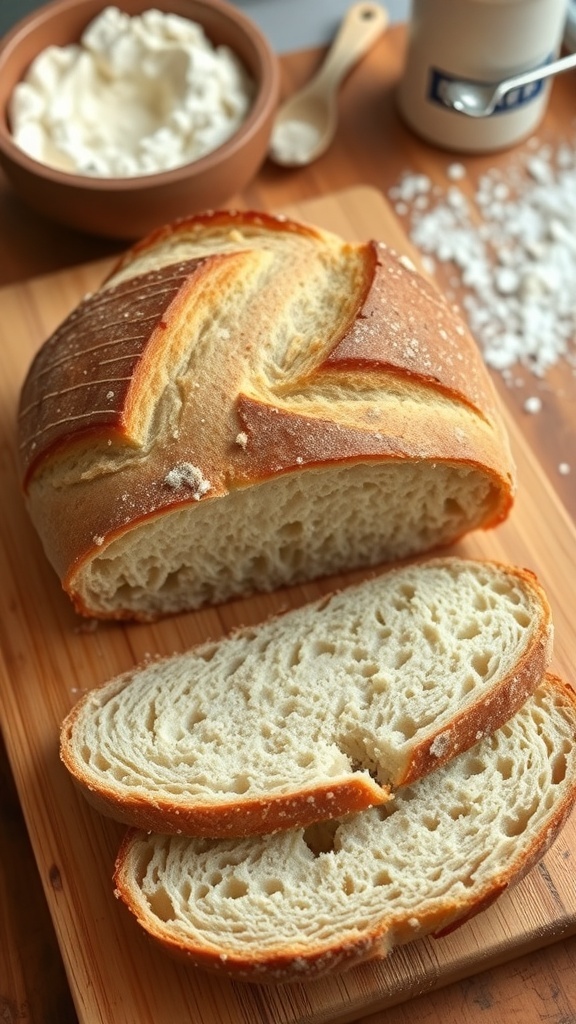 A golden-brown loaf of sourdough bread on a wooden board, with slices cut and flour scattered around.